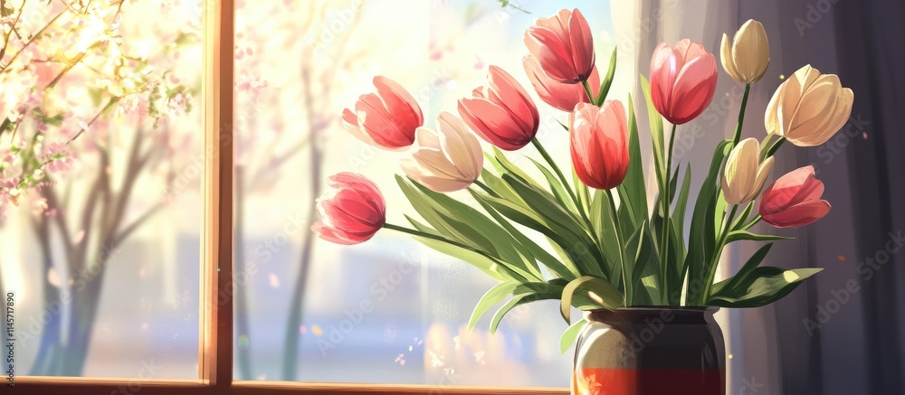 Poster vibrant spring tulips in a vase with soft natural light filtering through a window creating a warm a