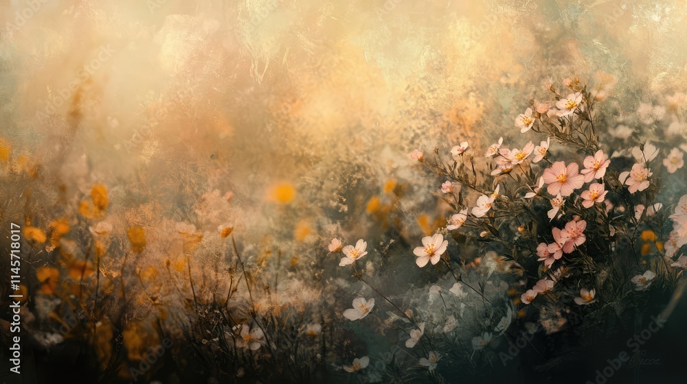 Poster muted floral background with soft hues and blurred effect creating a serene and dreamy atmosphere fo