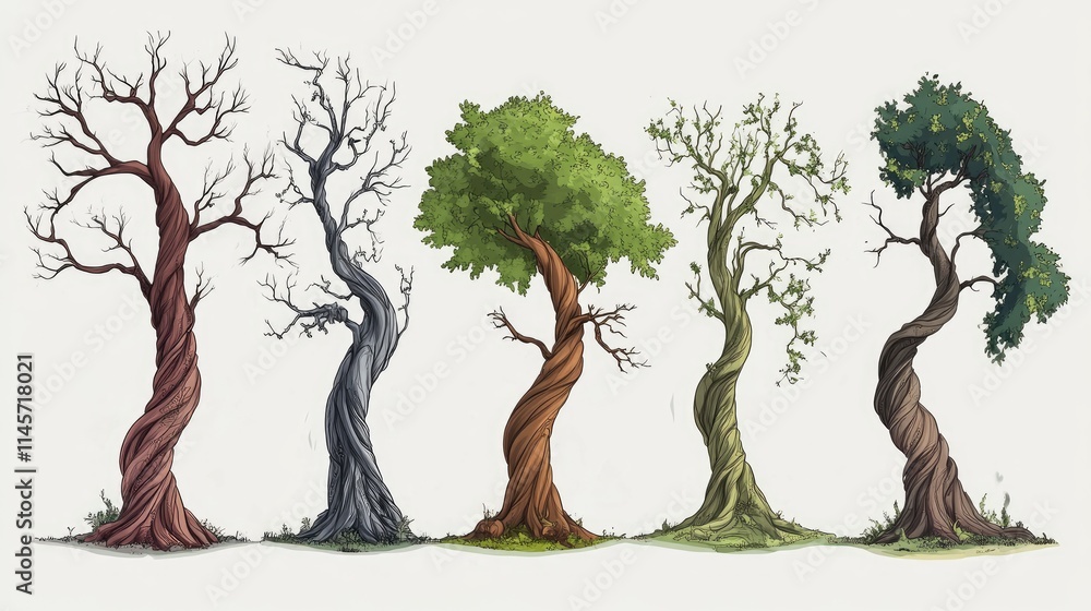 Poster artistic illustration of trees with intricate trunks representing various seasons and textures in a 