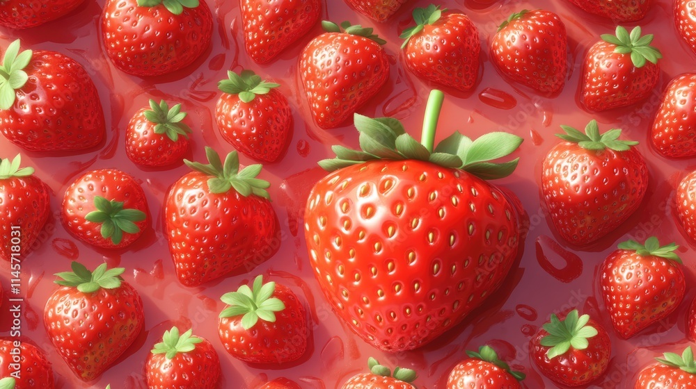 Poster fresh and vibrant strawberries scattered in a glossy red liquid creating a rich and appetizing backg