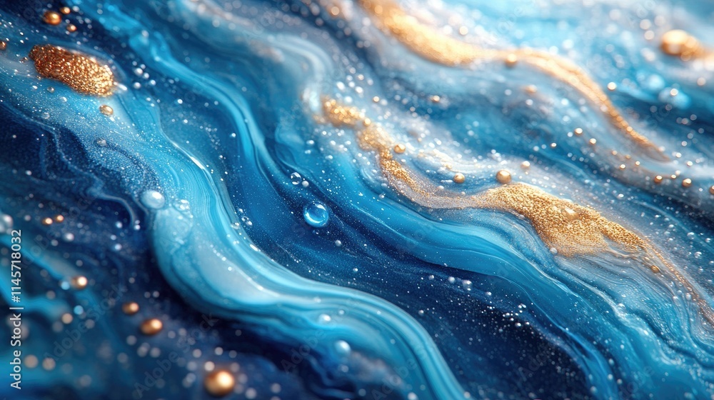 Poster abstract fluid art with blue water bubbles and golden swirls creating a mesmerizing ocean-like textu