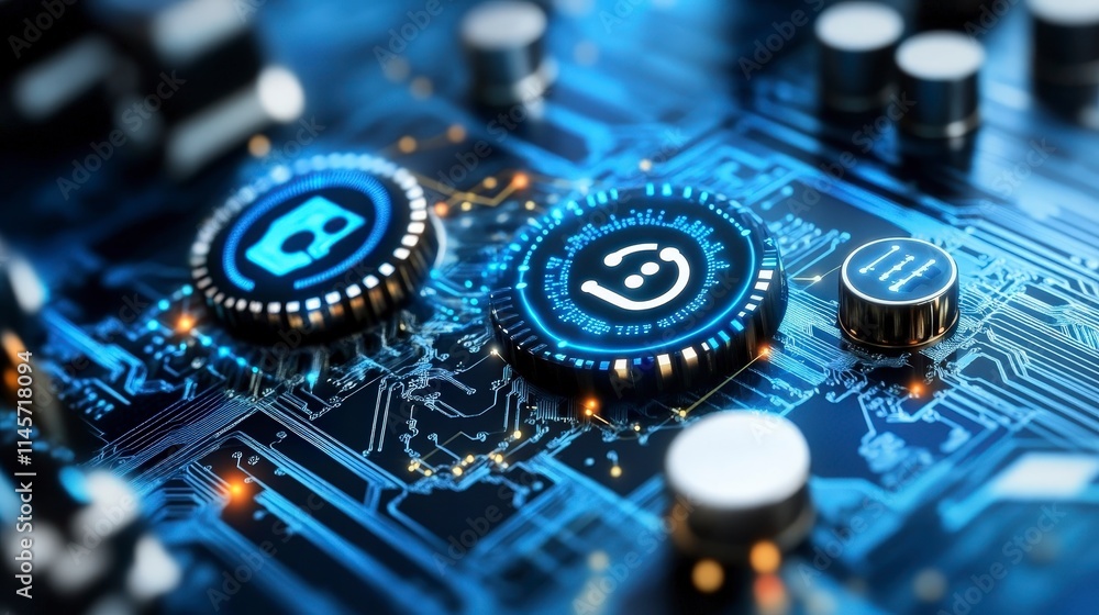 Poster close-up of a circuit board with glowing icons representing artificial intelligence machine learning
