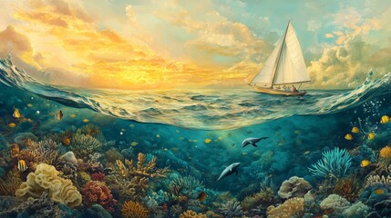 Naklejka premium Experience a retro marine landscape with vibrant coral, fish, sea turtles, and a drifting sailboat.