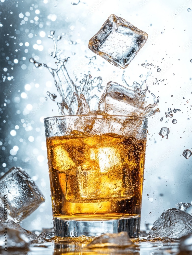Poster a refreshing drink with ice cubes splashing in a glass, set against a blurred backdrop.
