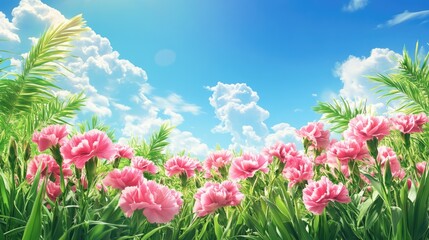 Vibrant pink carnations blooming in a sunny summer field with a clear blue sky and fluffy white clouds