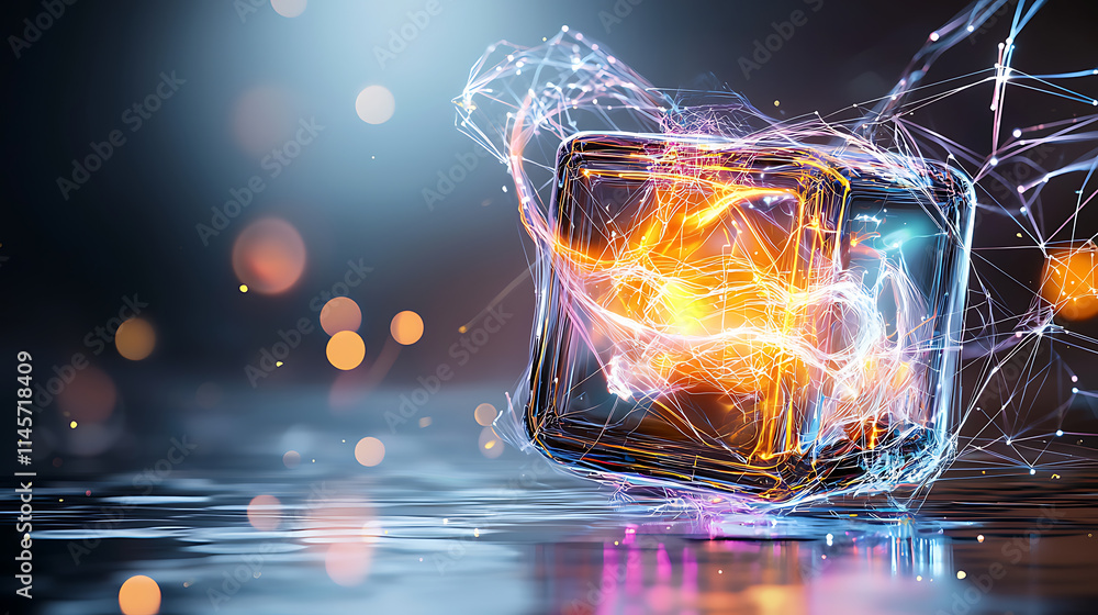 Poster dynamic neon cube display virtual environment digital art futuristic style high-contrast lighting ab