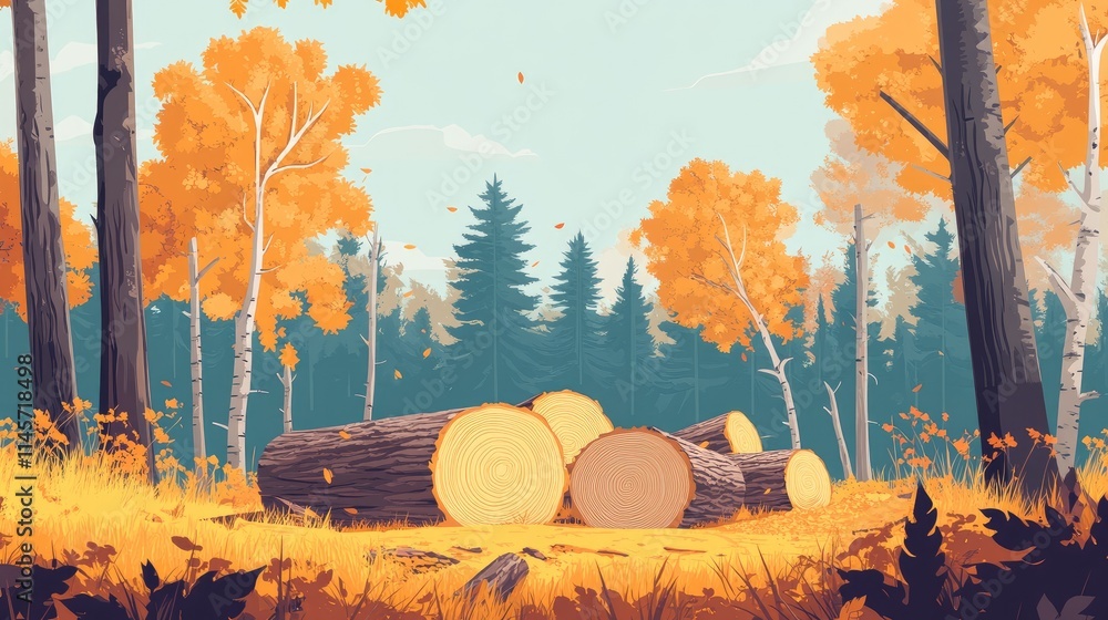Poster autumn forest scene showcasing felled coniferous trees highlighting the themes of logging and renewa