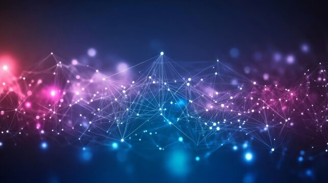 Abstract technological background with digital connections and polygonal shapes on a dark blue and purple gradient background - Powered by Adobe