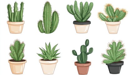 Fototapeta premium Various popular cactus cultivars in decorative pots for home and condo decor showcasing their unique shapes and styles