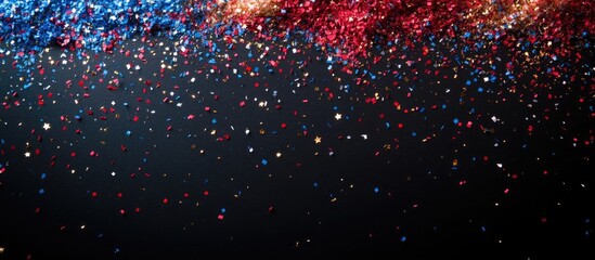 Celebration banner template featuring blue red and white confetti with stars on a sleek black background for festive occasions