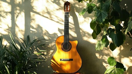 Acoustic guitar on the background of a wall in a room with plants