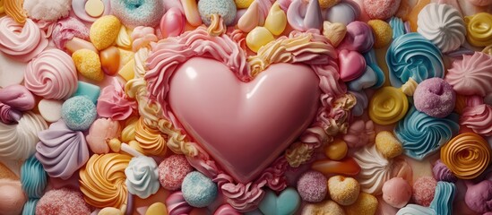 Colorful array of heart-shaped and assorted sweets in a vibrant candy background ideal for Valentine's Day or celebration themes