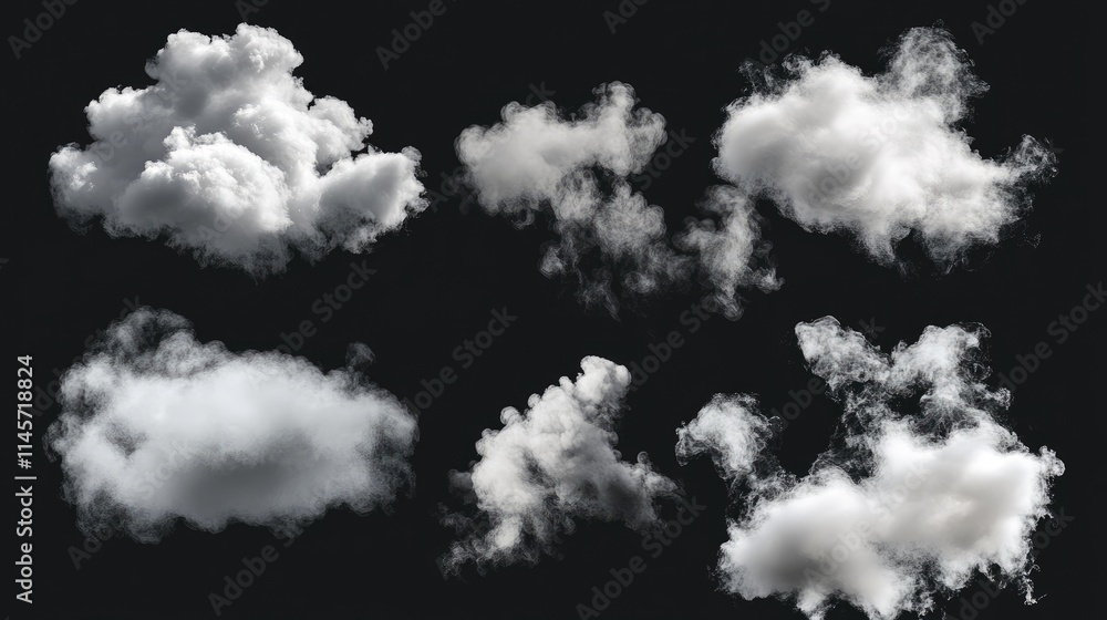 Poster variety of isolated fluffy clouds on a dark background perfect for use in design and illustration pr