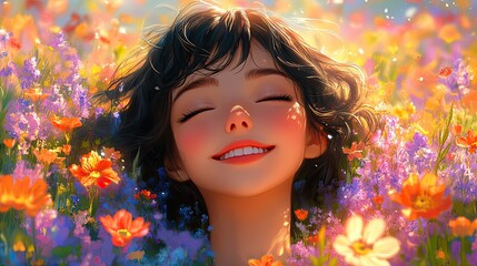 An anime illustration portrays a smiling girl in a colorful background, showcasing a happy and cute art style for child development and wallpaper.
