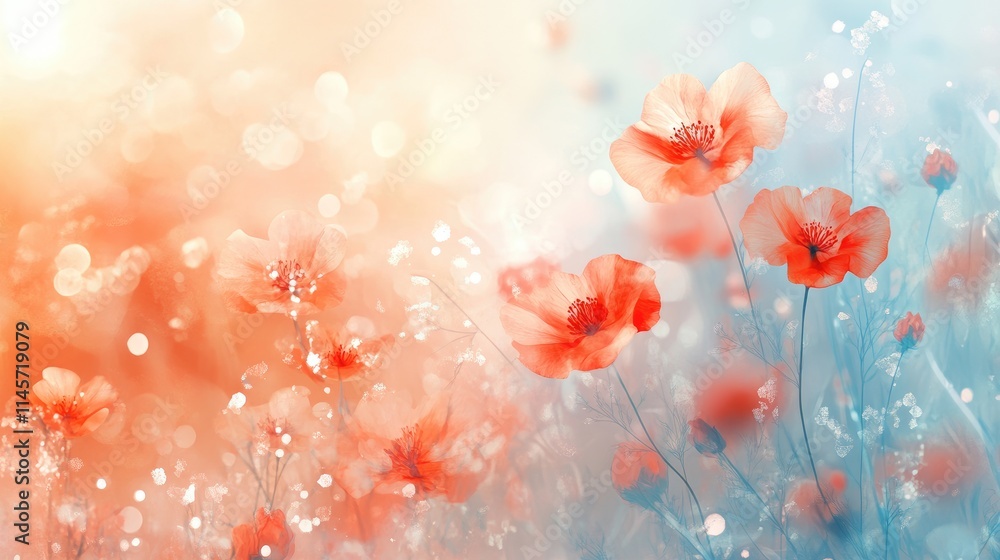 Poster abstract blurred background featuring vibrant red flower spots creating a dreamy floral atmosphere w