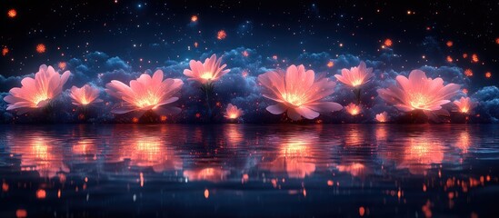 Peaceful water lily blooms reflecting on tranquil water surface with glowing lights for serene nature and celebration backgrounds.