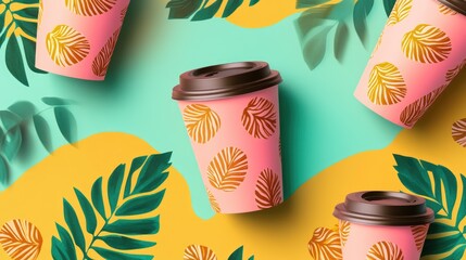 Creative seamless pattern featuring stylish coffee takeaway cups on vibrant colored backgrounds with botanical elements and dramatic lighting.