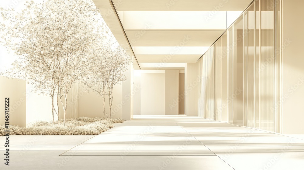 Poster modern minimalist architecture interior with soft lighting and abstract design elements in a tranqui