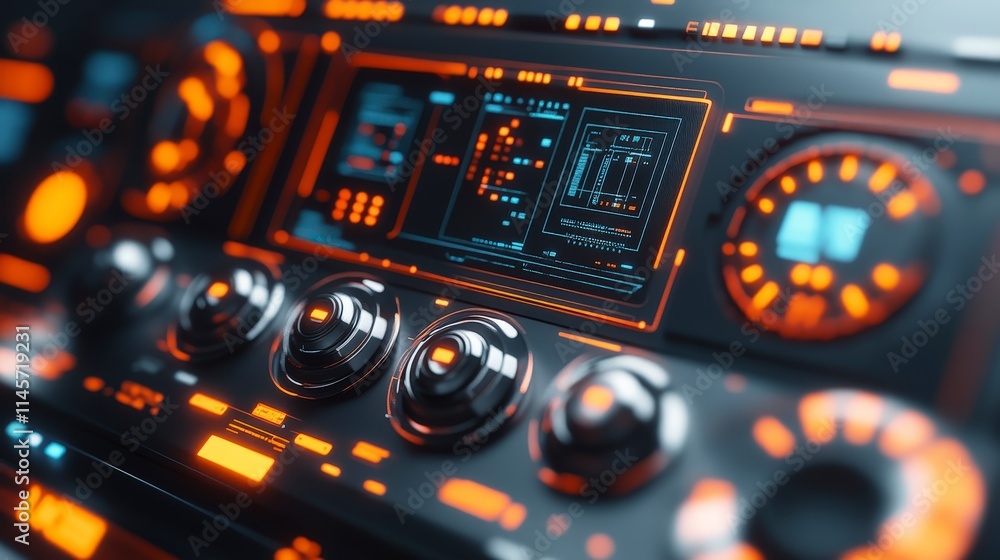 Poster close-up of a futuristic dashboard interface with glowing orange and blue lights. the sleek design f