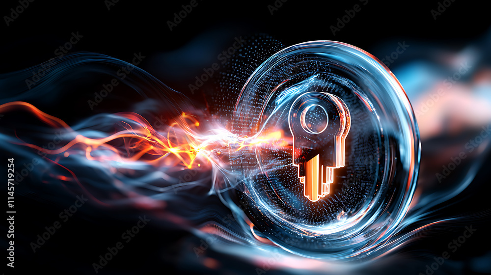 Poster dynamic key symbolizing security in a futuristic digital environment abstract concept technology mod