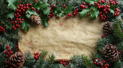 Festive Holiday Border With Paper And Berries