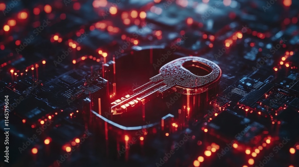 Poster a metallic key rests on a circuit board with glowing red lights symbolizing cybersecurity and data p