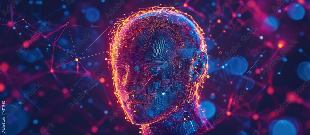 Poster digital representation of a human head illustrating data protection and cybersecurity concepts with 