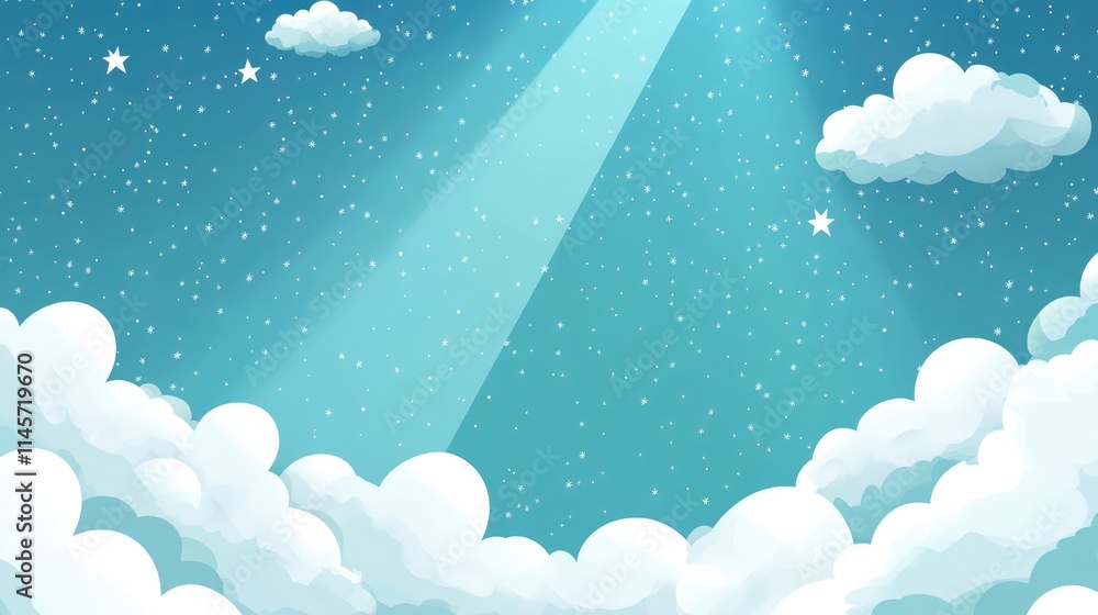 Poster bright blue sky background with fluffy clouds sunrays and stars creating a serene atmosphere perfect