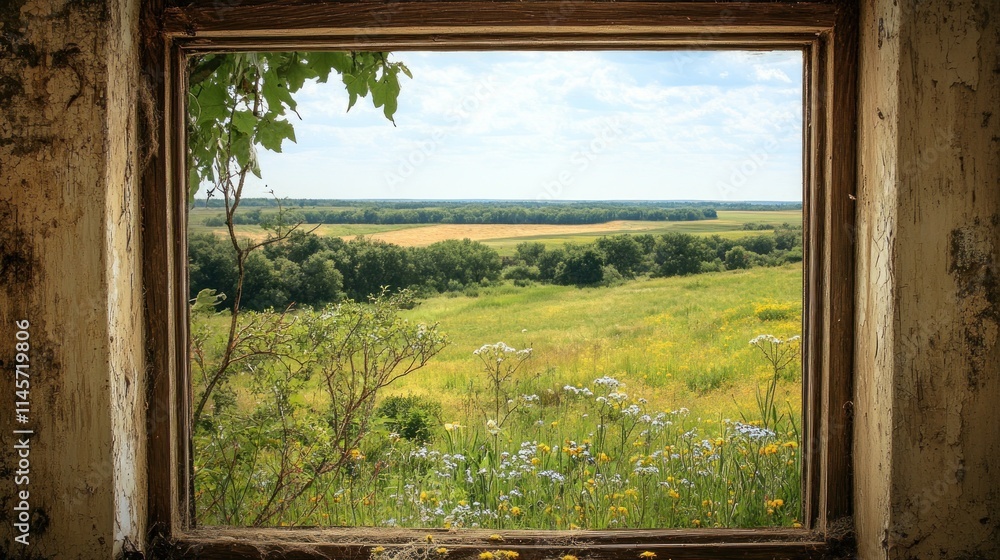 Poster rustic window view of vibrant summer field.
