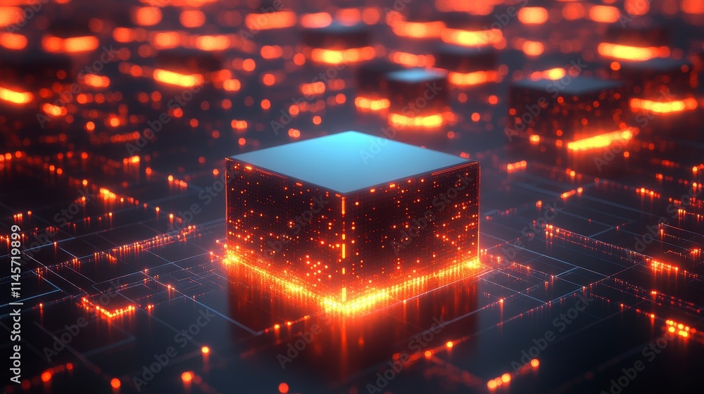 Poster a glowing cube sits on a grid of interconnected lines and smaller cubes. orange lights and digital p