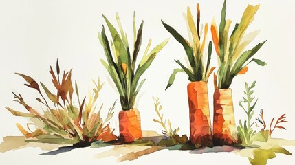 Watercolor painting of fresh carrot and leek with green leaves set against a light background showcasing natural textures and colors