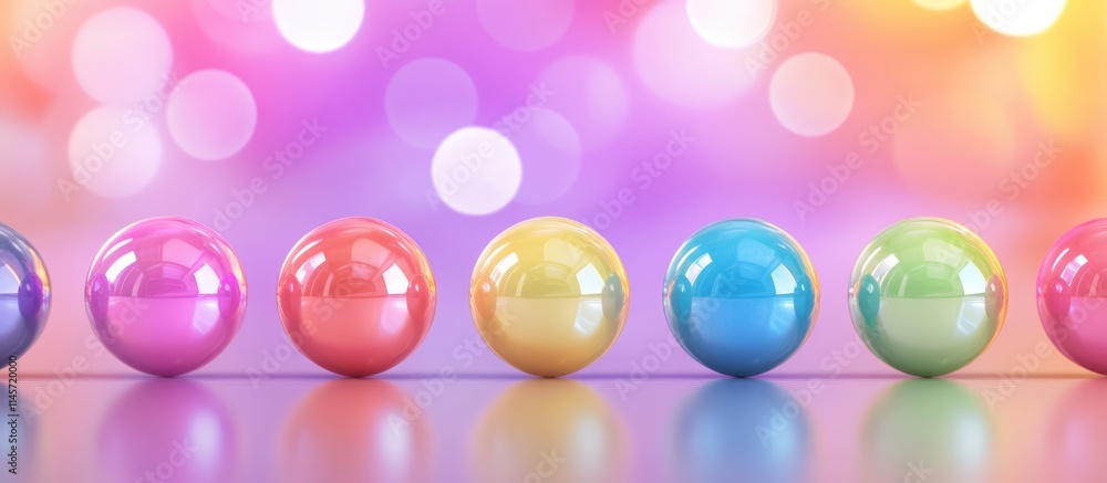 Aufkleber colorful glossy spheres arranged in a row with a blurred vibrant background creating a festive and c