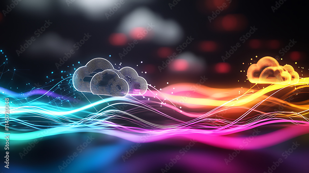 Poster dynamic cloud patterns digital space abstract art virtual environment vibrant viewpoint creative con
