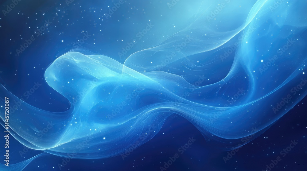 Poster fluid blue waves abstract background with soft textures and twinkling stars for serene design and ar