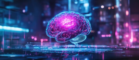 Double exposure of a futuristic workspace with a computer and a vibrant hologram of a human brain symbolizing creativity and cognitive processes