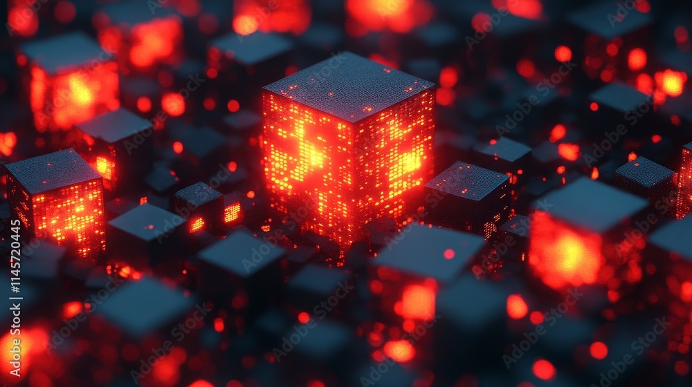 Poster a network of dark cubes with glowing red patterns. the central cube is larger and brighter. the cube