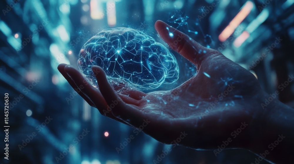 Poster hand hold of ai brain, intelligent ai learning system. data and algorithms, machine learning and dev