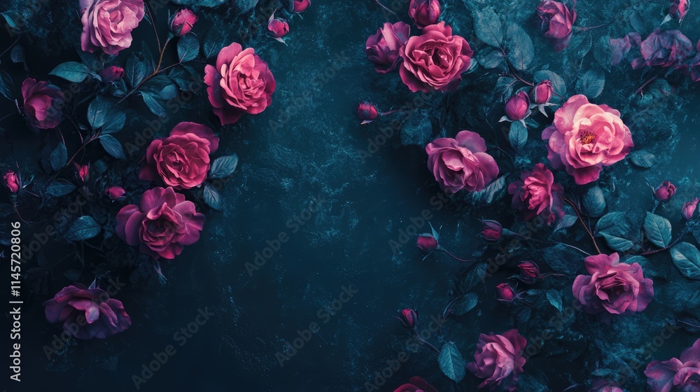 Poster vibrant roses in full bloom with lush green foliage creating a joyful and elegant background design 