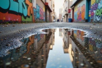 Fototapeta premium Urban alleyway with colorful graffiti and a puddle reflecting buildings, creating a vibrant city scene