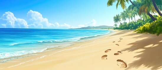 Tropical beach landscape with footprints in the sand under a bright blue sky and lush greenery depicting a serene holiday vibe