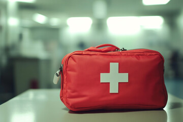 Red Medical Bag with White Cross and Copy Space for Text