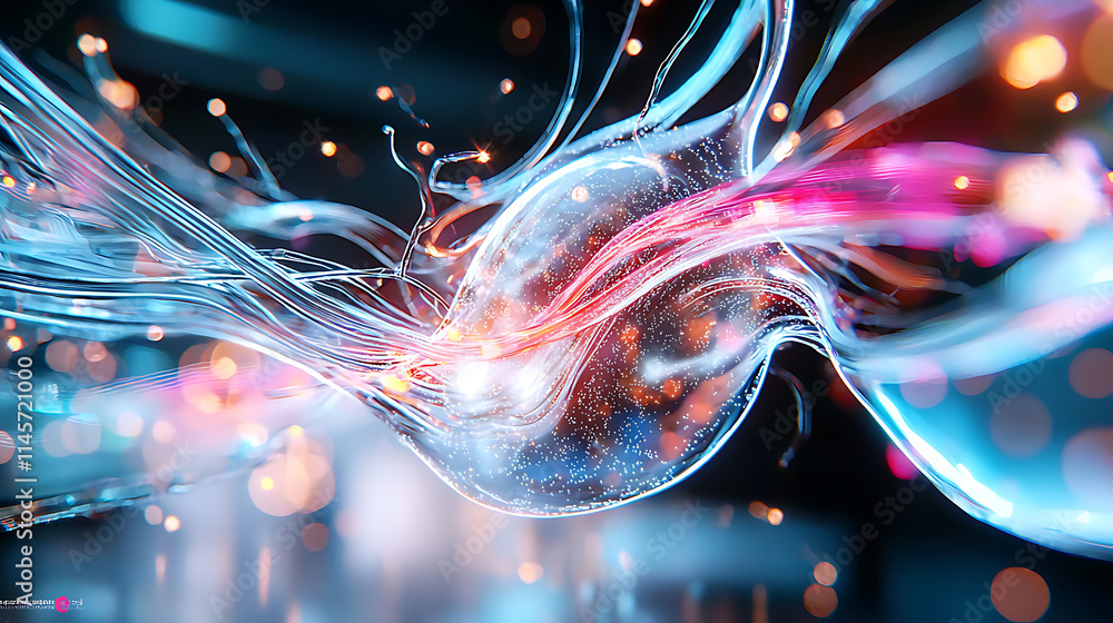 Poster dynamic flow of light and color abstract space digital art futuristic environment close-up perspecti