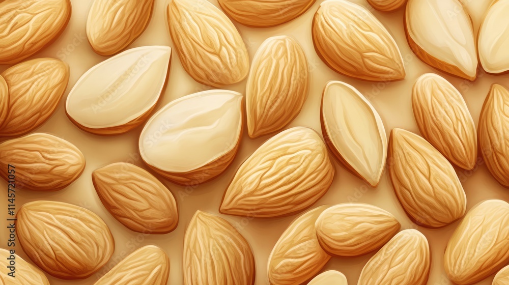 Poster close-up of assorted almonds on a soft neutral background showcasing texture and natural color varia
