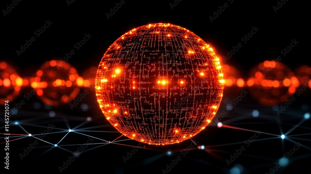 Poster a glowing orange sphere with intricate patterns hovers above a network of interconnected lines. the 