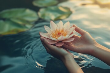 Lotus flower held in hands over tranquil water, radiating harmony