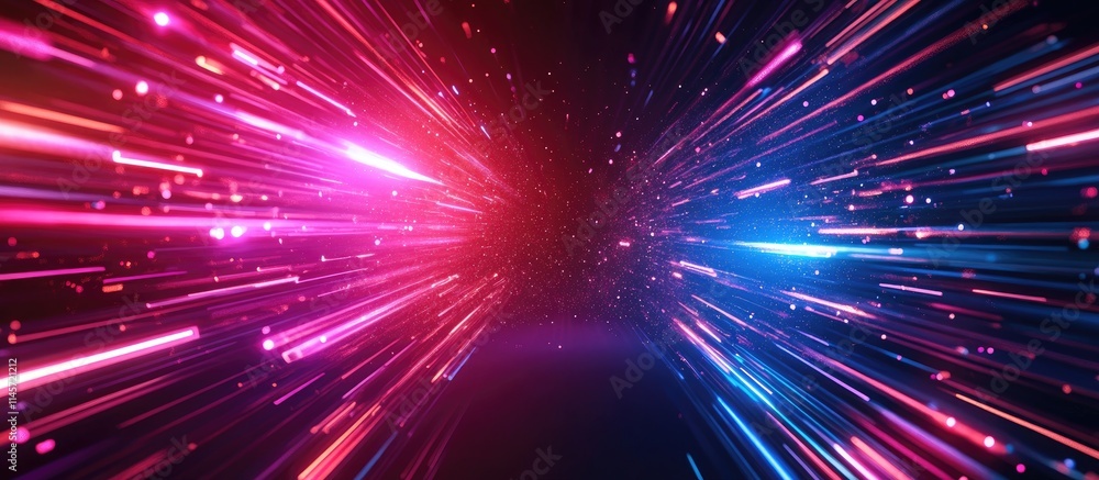 Poster dynamic abstract technology background with illuminated lines and digital particles in vibrant pink 