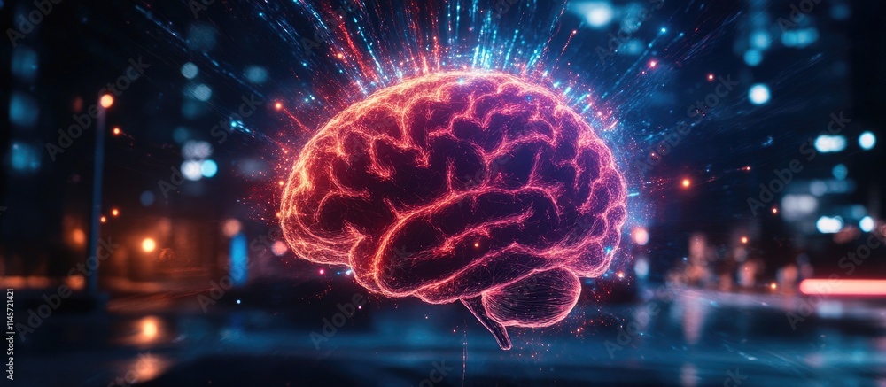 Poster innovative double exposure image of a workspace with computer and holographic human brain representi