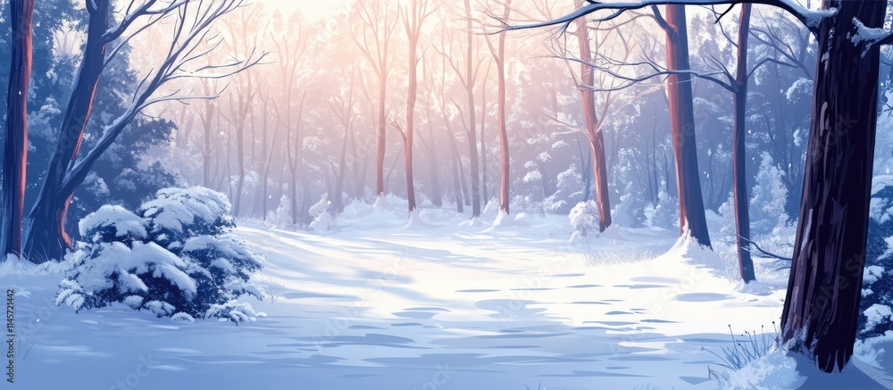 Poster winter forest landscape with snow-covered trees and soft light creating a serene and tranquil atmosp