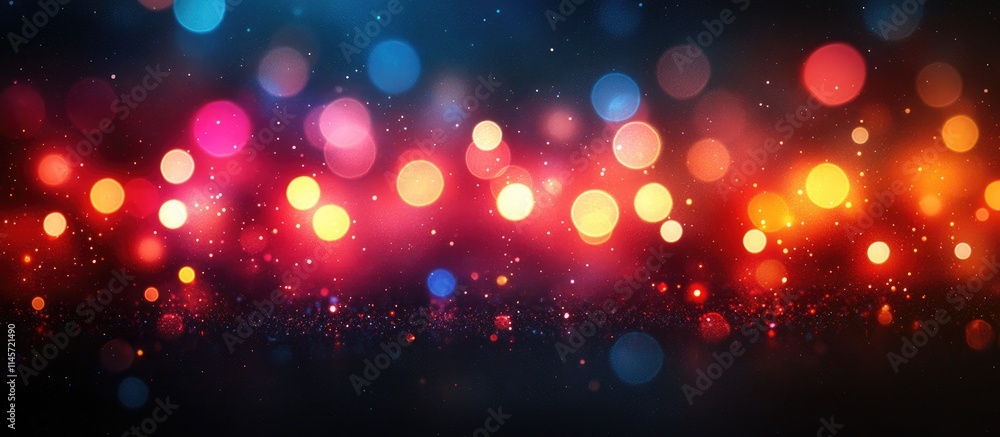 Poster colorful defocused bokeh lights on a black background creating a festive abstract texture for design