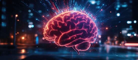 Fototapeta premium Innovative double exposure image of a workspace with computer and holographic human brain representing creative brainstorming concept